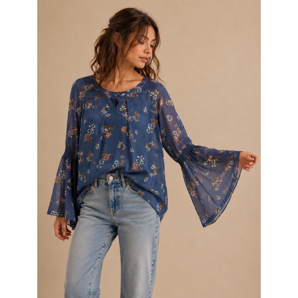Altar'd State Blue Floral Sheer Shirt Womens Large Boho Bell Sleeve Peasant Top